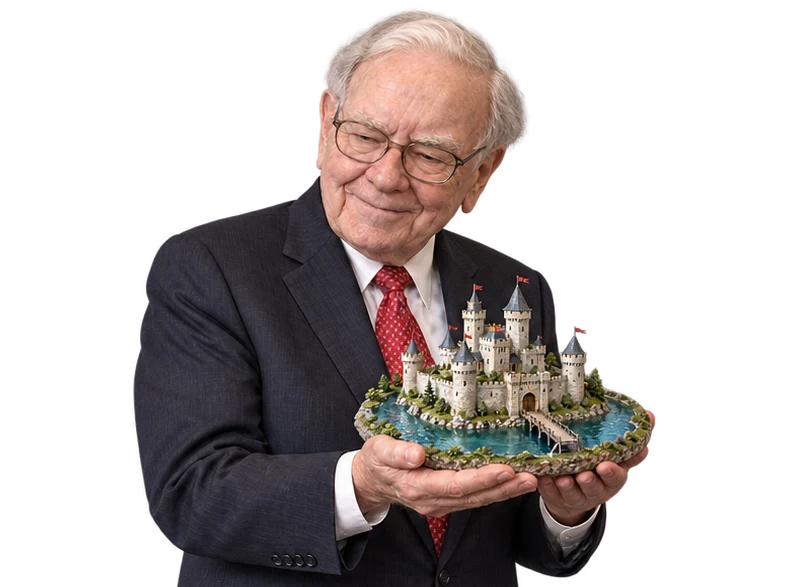Warren Buffett con un castello circondato da un fossato fra le mani